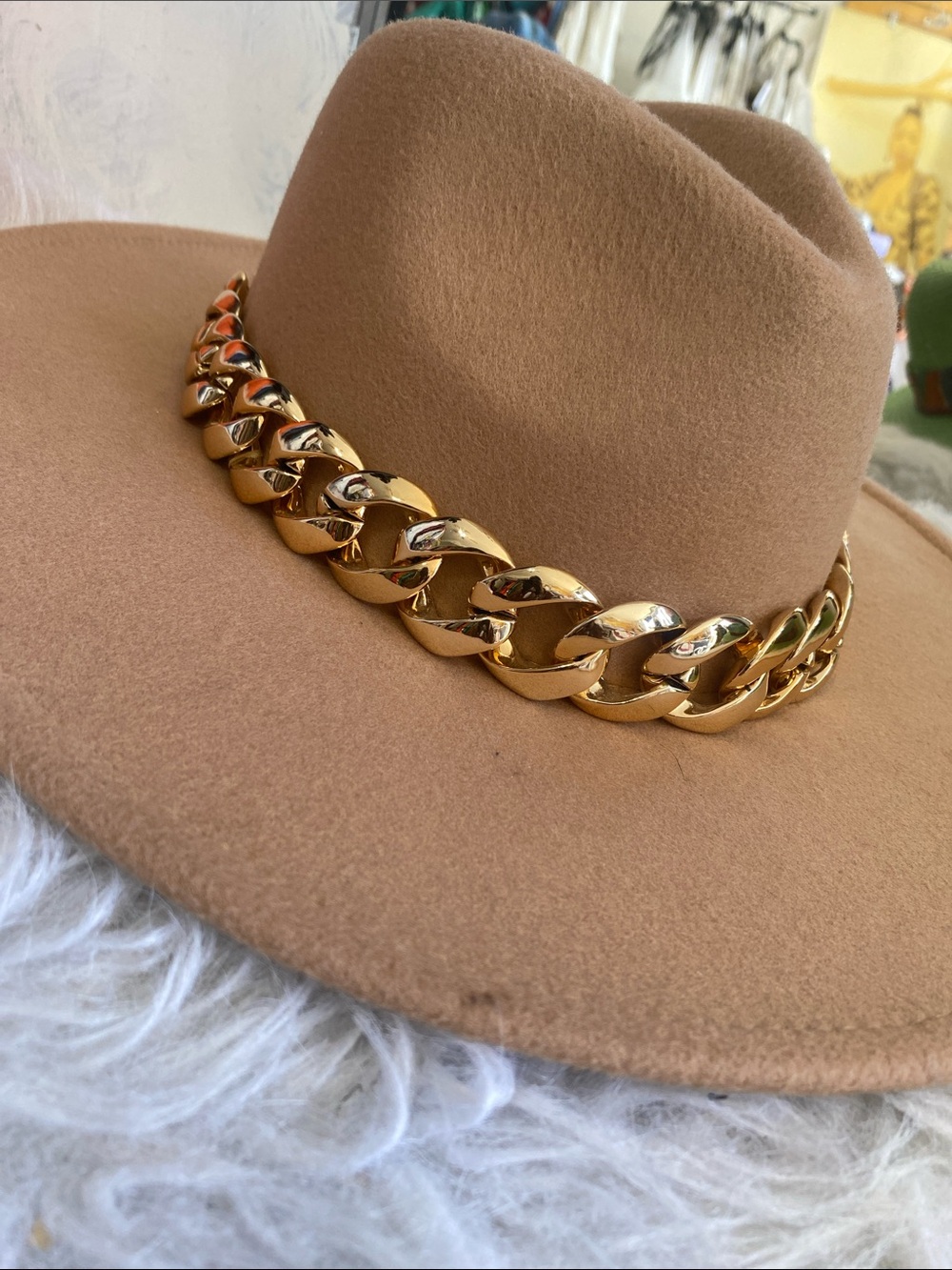 Gold Chain Band Camel Felt Wide Brim Hat -